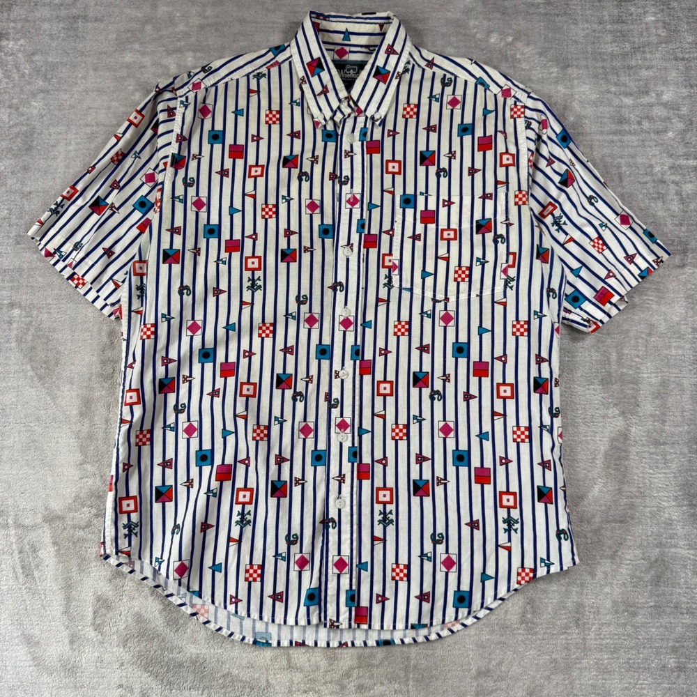 Vintage Woolrich Shirt Mens Medium White Nautical Button Down Flag Stripe